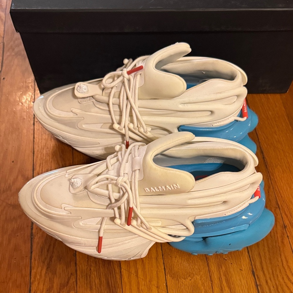 Balmain Cream and Blue Sneakers with Red Accents
